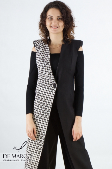 An original women's formal vest with a jacquard pattern, sewn in Poland. Made to measure De Marco