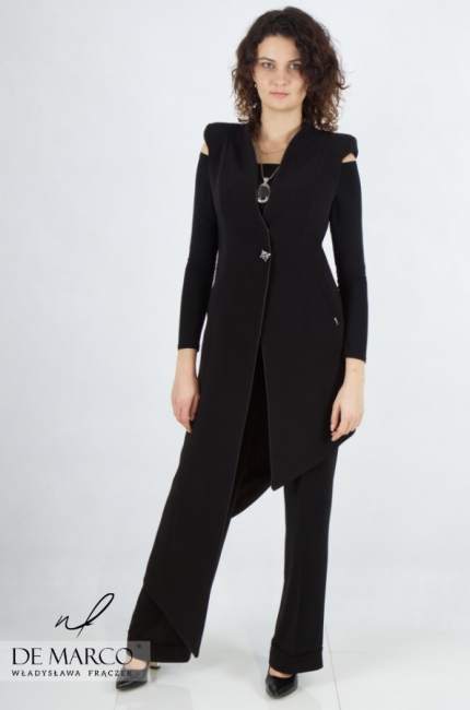 Black asymmetric women's coat without sleeves. Online store Sewing made to measure De Marco