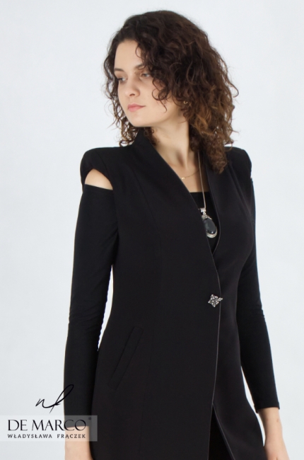 Exclusive asymmetrical outerwear without sleeves. Luxurious brand of formal and business women's clothing De Marco