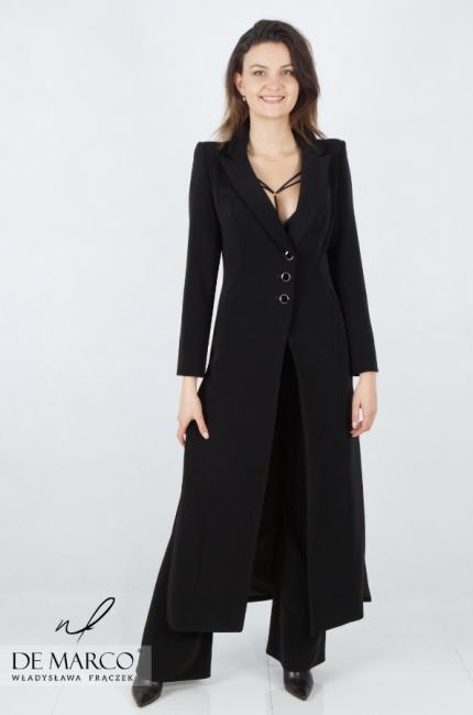 Exclusive long black dress coat with slits. De Marco online store