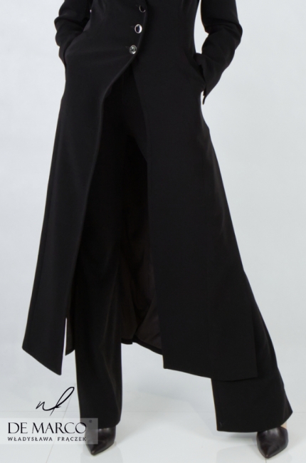 Long women's coat, single-breasted, by the knee. Luxurious formal business coats from the Polish designer Władysława Frączek