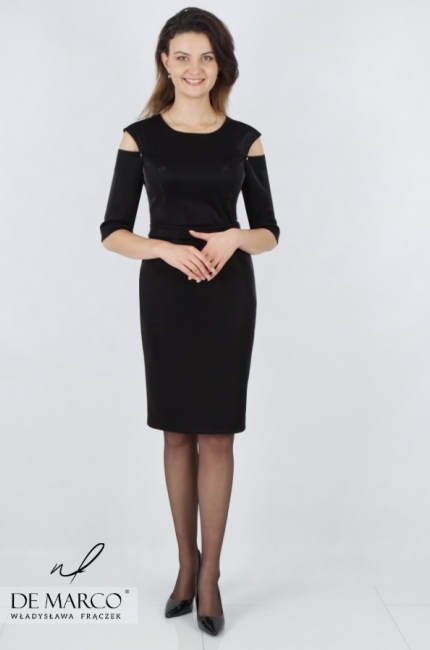 Oryginalna stylowa sukienka wizytowa czarna z odpinanymi rękawkami. Sklep internetowy De Marco