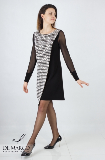 Flared short cocktail dress with long sleeves. Fashionable dresses masking the tummy. De Marco online store