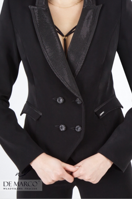 Elegancki garnitur damski czarny wizytowy. Najmodniejsze garnitury damskie wyjściowe 2022 2023