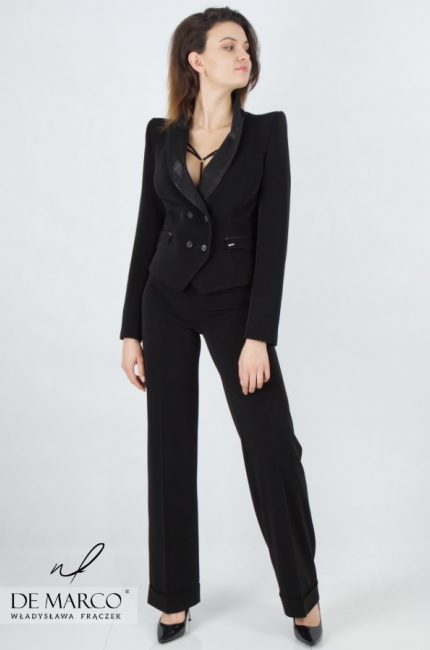 Exclusive women's black evening suit. The most fashionable double-breasted jacket with trousers from the Polish designer Władysława Frączek