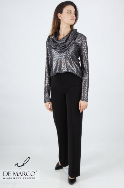 An elegant silver women's blouse sewn in Poland with a wide turtleneck. De Marco online store
