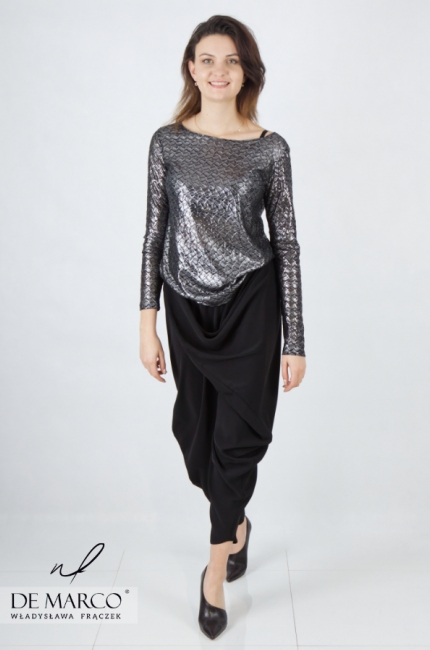A silver women's blouse sewn in Poland with a loose cut, perfect for parties. De Marco online store