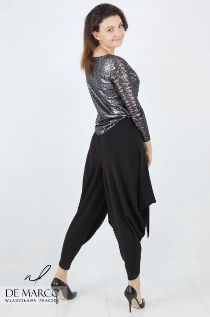 Comfortable loose black dress pants sewn in Poland. Original pants covering the tummy and thighs. De Marco online store
