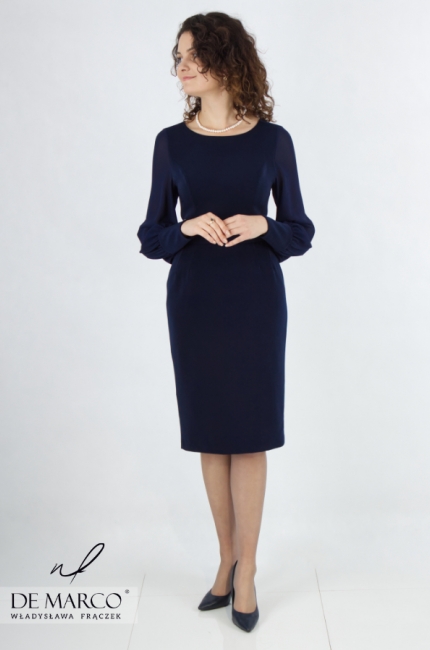 Dark blue fitted pencil dress with long sleeves. De Marco online store