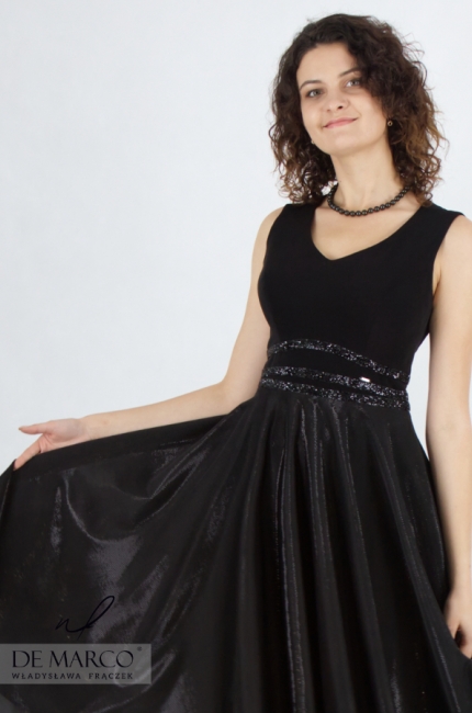 Szyta w Polsce klasyczna sukienka midi rozkloszowana czarna. Szycie na miarę De Marco
