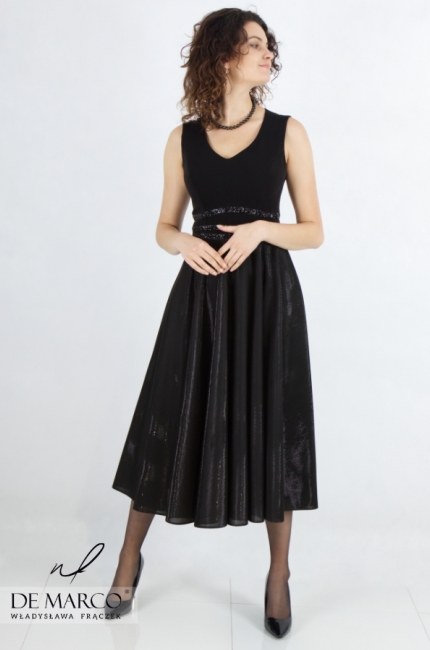 Elegant black flared dress for a party, gala, celebration, premiere. De Marco online store
