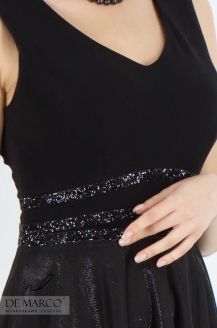 Stylowe sukienki suknie midi czarne idealne na przyjęcie biznesowe. Polski producent ekskluzywnej odzieży damskiej DE Marco