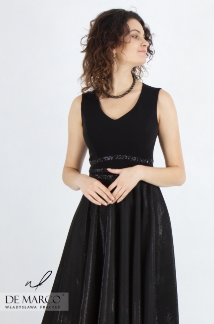 Luksusowa wyszczuplająca czarna suknia sukienka koktajlowa idealna na przyjęcie galę wręczenie nagród premierę. Sklep internetowy De Marco