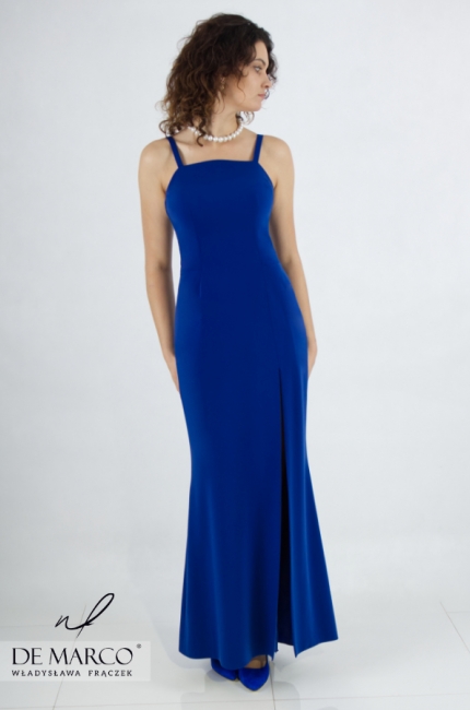 Long sapphire evening dress with straps. De Marco online store