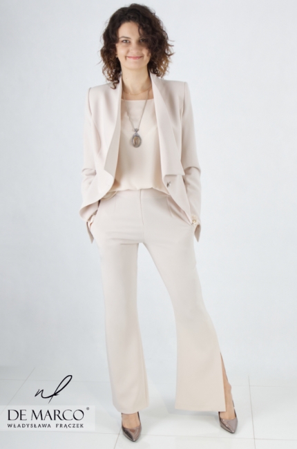 Original modern beige women's suit with a blouse. De Marco online store
