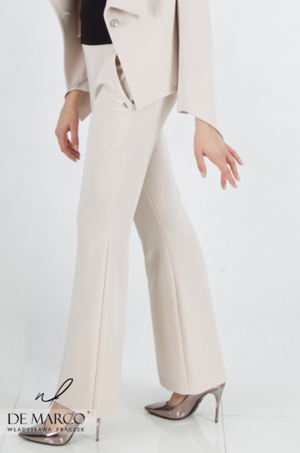 Modern beige business set in shades of beige. A formal set of a women's jacket with pants. De Marco online store