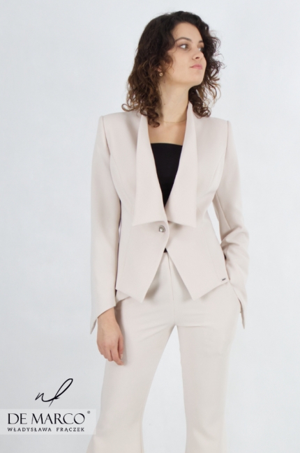 A set of ladies' two-piece beige suit, sewn in Poland. Online store Sewing made to measure De Marco