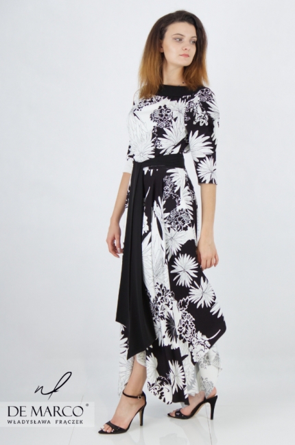 Luxurious formal dress tied with a belt 2in1. Asymmetric dresses from Polish designer Władysława Frączek De Marco