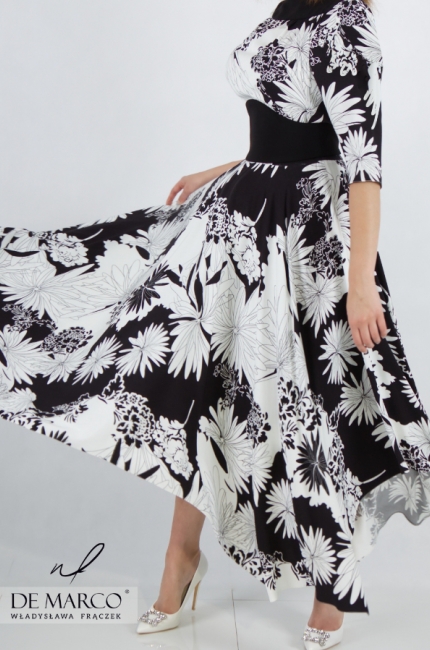 Sewn in Poland black and white long viscose dress with a belt. Fashionable black and white creations for the garden party jubilee. Tailor made by De Marco