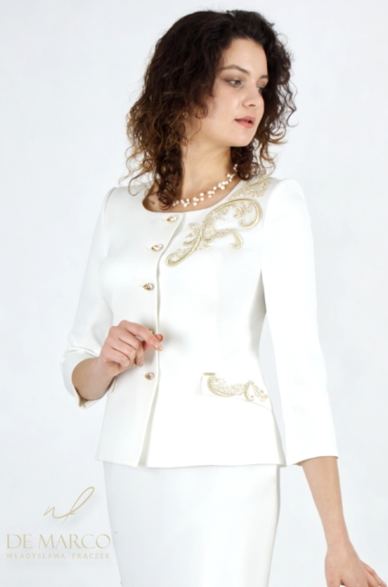 Oryginalny biały kostium garsonka damska ślubna ze złoceniem. Sklep internetowy De Marco