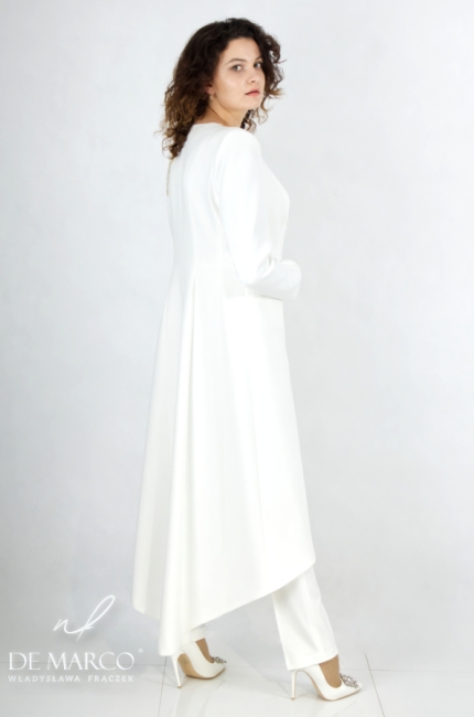Oryginalny spodnium ślubne białe z ręcznie naszywaną aplikacją. Królewskie zestawy ślubne od polskiego producenta De Marco