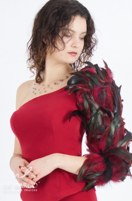 Modern elegant evening stage ball stylizations. Tailor made by De Marco. Sleeve with feathers for evening dresses