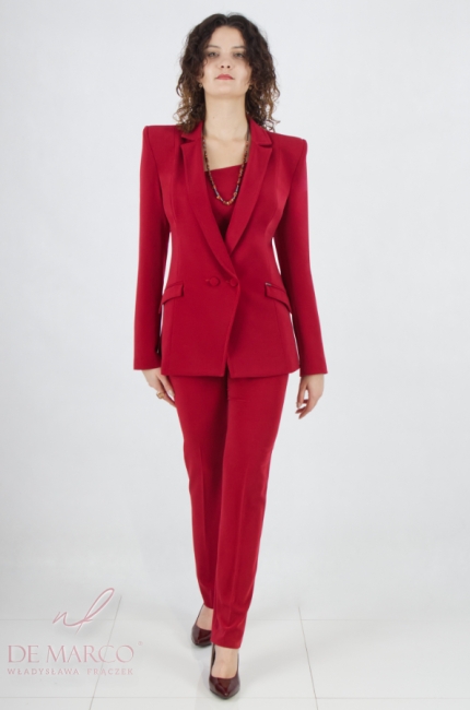 Szyty w Polsce garnitur damski spodnium czerwone 3 częściowe. Modne stylizacje biznesowe wizytowe wieczorowe De Marco