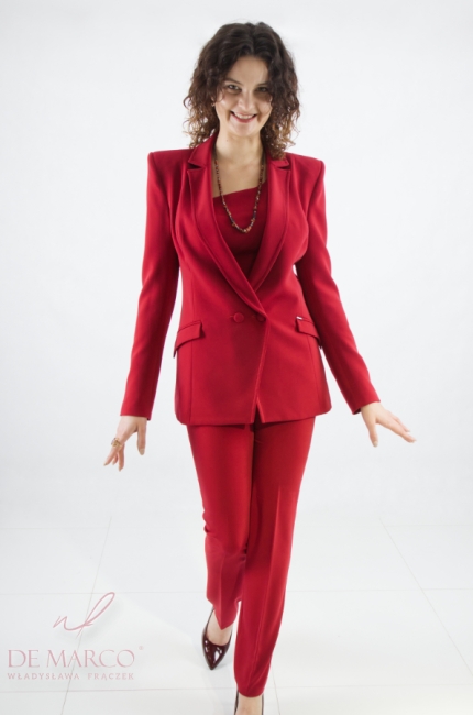 Red sexy women's suit perfect for office work for business meetings events parties. Clothing base 3-piece pantsuit