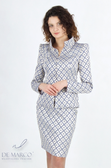 Modern women's formal suit made of high-quality indigo and white gold jacquard. De Marco online store