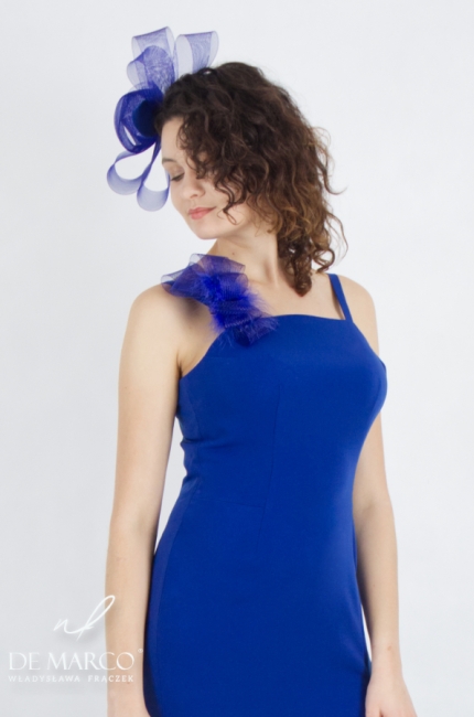 A romantic sapphire fascinator for a suit, women's costume, women's suit, evening dress. Polish producer De Marco
