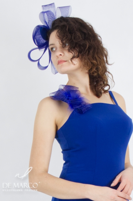 Original headgear, fascinators, headbands and accessories. Trendy sapphire evening fascinators. De Marco online store
