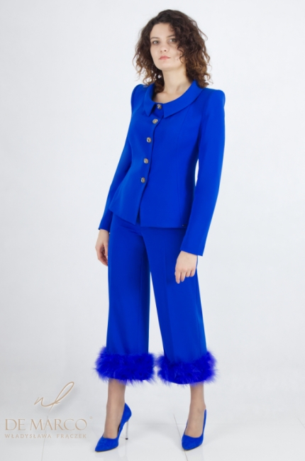 An elegant women's sapphire suit with feathers sewn in Poland. De Marco online store