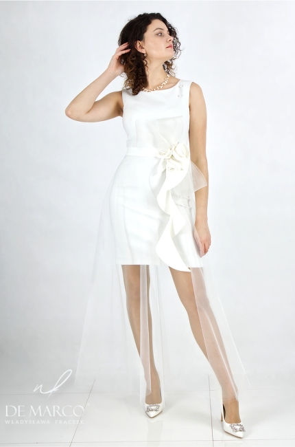 Luksusowa sukienka mini do ślubu w odcieniach bieli. Modne dodatki i akcesoria pasek ze spódnicą maxi dopinaną. Sklep internetowy De Marco