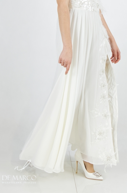 Ekskluzywna suknia ślubna długa bez ramiączek szycie na miarę De Marco