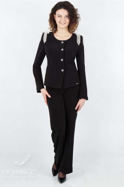 An exclusive women's black business suit with decorative epaulettes. De Marco online store