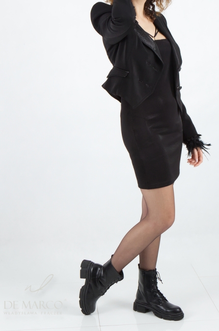 Seksowna sukienka mini mała czarna w komplecie z żakietem wizytowym. Polski producent ekskluzywnej odzieży damskiej De Marco