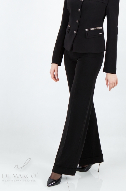 Nowoczesne czarne spodnium biznesowe garnitur damski. Szycie na miarę i projektowanie De Marco