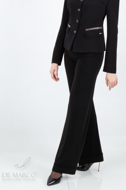 Modern black business pantsuit women's suit. Custom tailoring and design by De Marco