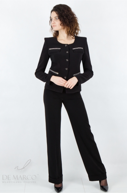 Ponadczasowy klasyczny garnitur damski czarne spodnium damskie wizytowe biznesowe. Sklep internetowy szycie na miarę De Marco