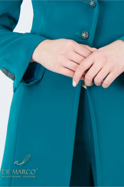 Szyte w Polsce spodnium garnitur damski zielony. Projektowanie i szycie na miarę De Marco