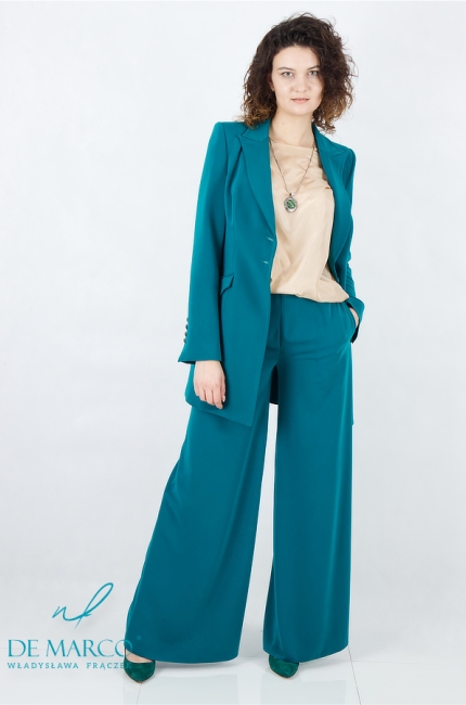 Wyjątkowy zielony garnitur damski spodnium ze spodniami typu palazzo. Szycie na miarę De Marco