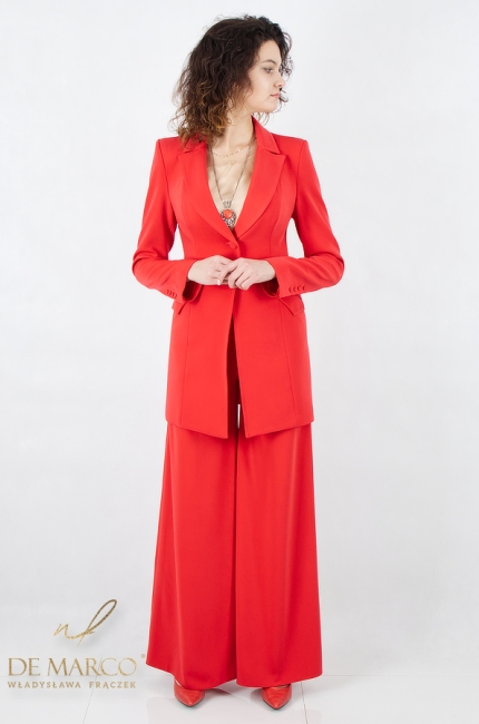 Modern women's red suit for a business party, conferences, speech, premiere, exhibition. Tailor made by De Marco