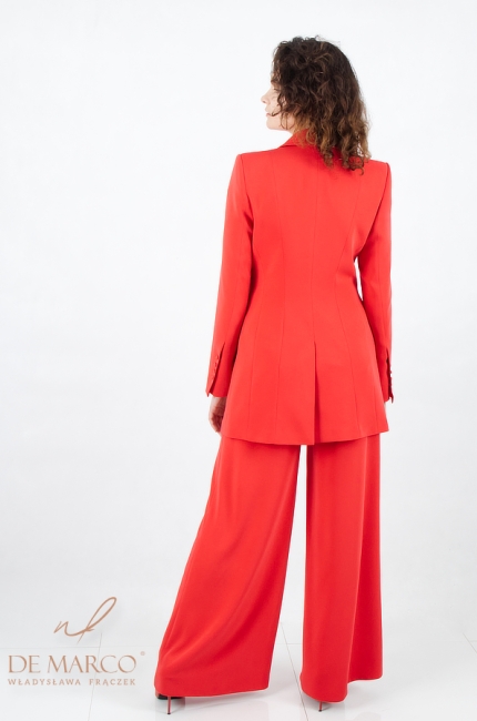 Fashionable red women's suit with Swedish palazzo trousers. De Marco online store