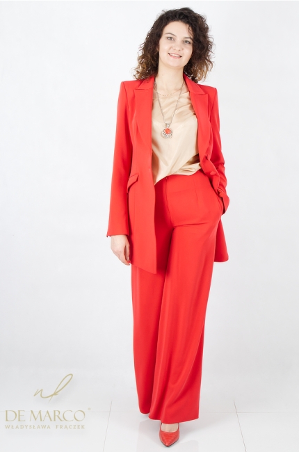 Najmodniejsze garnitury damskie spodnium czerwone od polskiego producenta. Sklep internetowy De Marco szycie na miarę