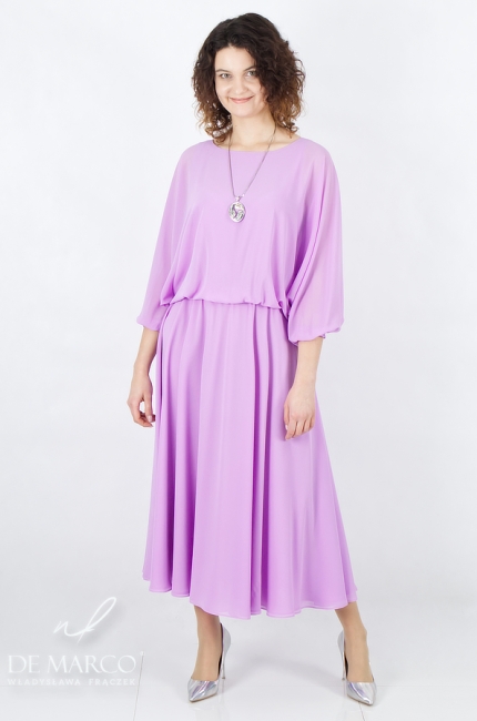 Romantyczne wygodne sukienki szyfonowe w odcieniach fioletu. Najmodniejsze kreacje na imprezy w plenerze. Sklep internetowy De Marco