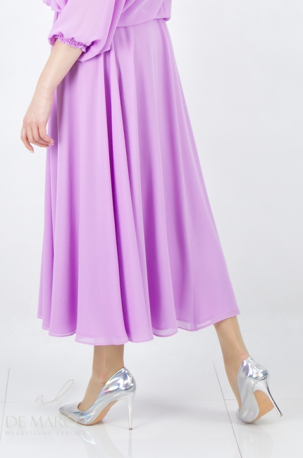 Romantyczna fioletowa sukienka z rękawem 3/4 szyfon. Polski producent De Marco