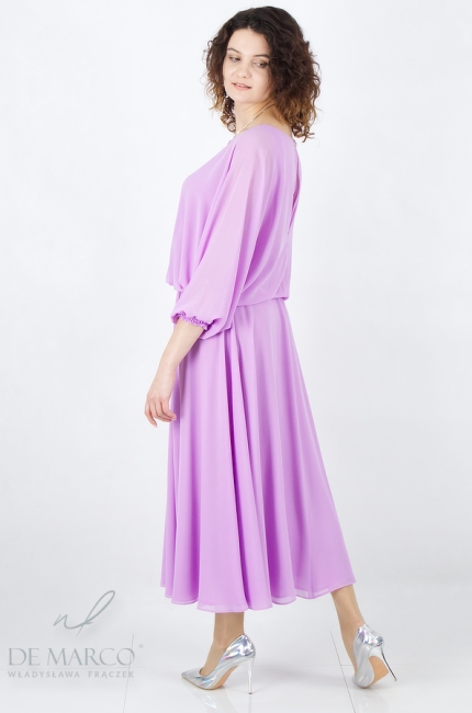 Gładka jednolita fioletowa sukienka wizytowa o luźnym fasonie. Modne fioletowe sukienki szyfonowe. Sklep internetowy Szycie na miarę De Marco