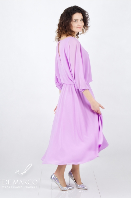 Ekskluzywna lekka zwiewna sukienka szyfonowa w kolorze fioletowym. Modne sukienki o luźnym kroju od polskiej projektantki Władysławy Frączek De Marco