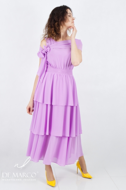 Modne sukienki midi maxi w najpopularniejszym kolorze pudrowego pastelowego fioletu. Sklep internetowy De Marco