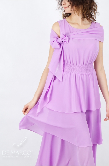 Sewn in Poland formal maxi midi dress with frills in the color of powder purple. De Marco online store